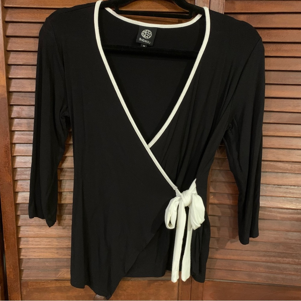 Bobeau Black and White Trim Wrap Jersey 3/4 Length Sleeve Blouse